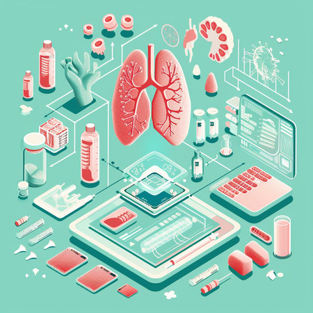 Isometric flat 3D vector illustration of human lungs and medical equipment.の素材