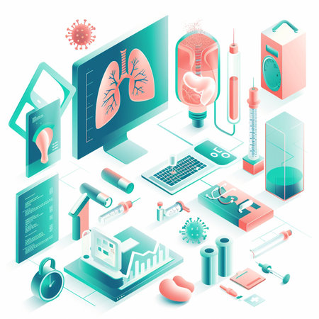 Isometric medical infographics with human organs and medical equipment. Vector illustrationの素材