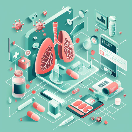 Lungs and medical equipment. 3d isometric vector illustration.の素材