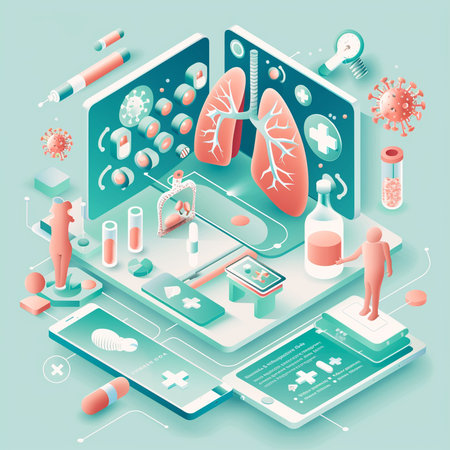 Isometric 3D vector illustration of human lungs with medical icons. Medicine and healthcare concept.の素材