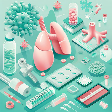 Medicine isometric concept with lungs, syringe, pills, test tubes and ampoules vector illustrationの素材