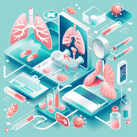 Isometric medical infographics with human lungs, microscope, stethoscope, test tubes, syringe, tablet and pills on blue background vector illustrationの素材
