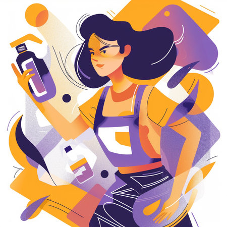Vector illustration of a young woman with a bottle of cleaning products.の素材