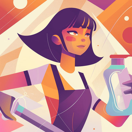 Vector illustration of a young woman with a bottle of cleaning spray.の素材