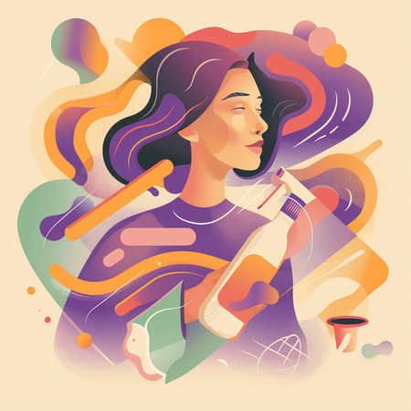 Vector illustration of girl with bottle of wine in her hand. Vintage stylesの素材