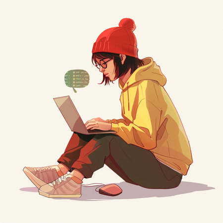 A girl in a yellow jacket sits on the floor and works on a laptop. Vector illustrationの素材