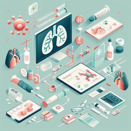 Isometric medical infographics with flat icons of human organs, microscope, test tubes, pills, stethoscope, syringe and tablet. Vector illustrationの素材