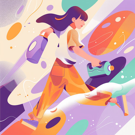 Vector illustration of a young woman running on a colorful abstract background.の素材