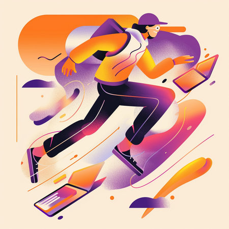 Jogging man in sportswear with a laptop. Vector illustration.の素材