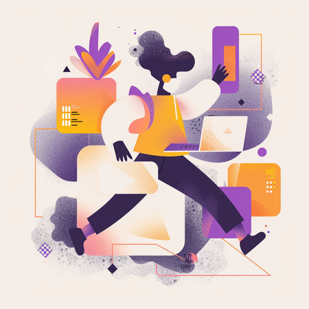 Vector illustration of a young woman working on a laptop in a flat styleの素材