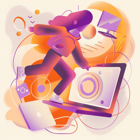 Vector illustration of a man running on a laptop. Vector illustration.の素材