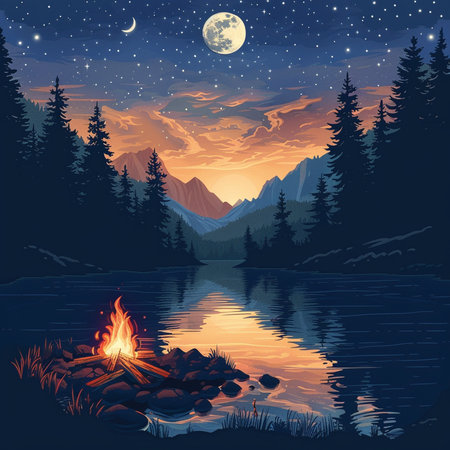 Camping by the lake in the mountains at night. Vector illustrationの素材