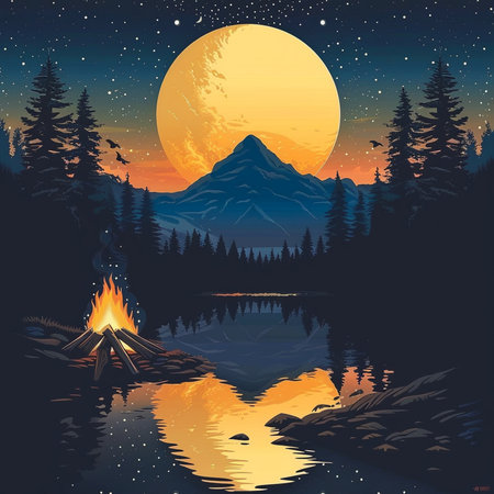 Night landscape with a bonfire and a mountain lake. Vector illustrationの素材