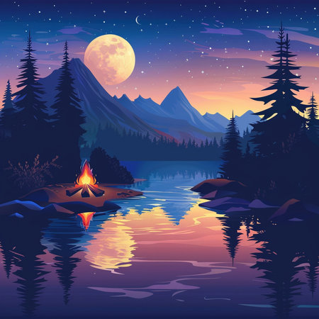 Beautiful night landscape with forest lake, mountains and fire. Vector illustrationの素材