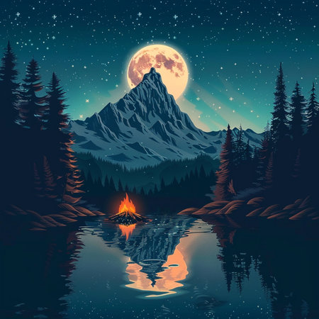 Night landscape with forest lake, mountains and fire. Vector illustration.の素材
