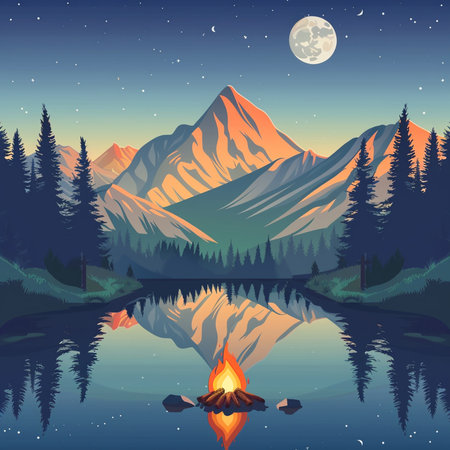 Mountain landscape with lake and bonfire. Vector cartoon illustration.の素材