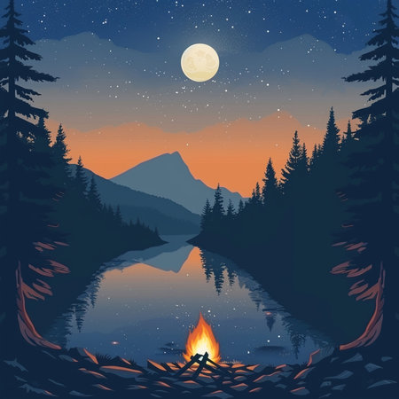 Night landscape with lake, forest, fire and mountains. Vector illustrationの素材