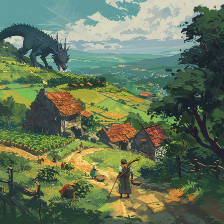 Illustration of a fairy tale scene with a dragon in the jungleの素材