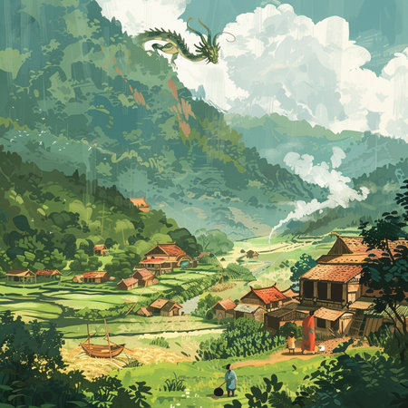 Illustration of rural landscape with rice terraces, mountains and a fisherman.の素材