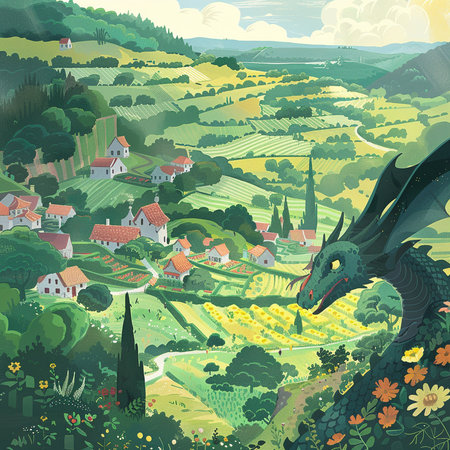 Vector illustration of a rural landscape with a dragon and a village.の素材