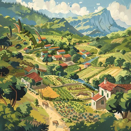 Landscape of the vineyards and villages in the mountains. Vector illustrationの素材