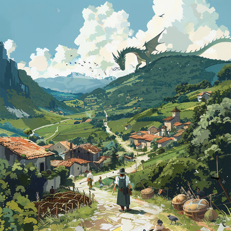 Illustration of a village in the mountains, with a man and a dragonの素材