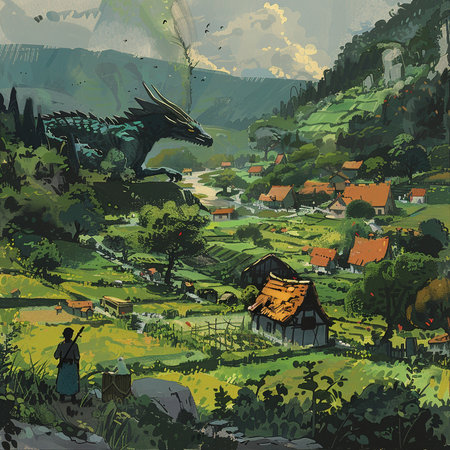 Illustration of a rural landscape with a dragon in the foreground.の素材