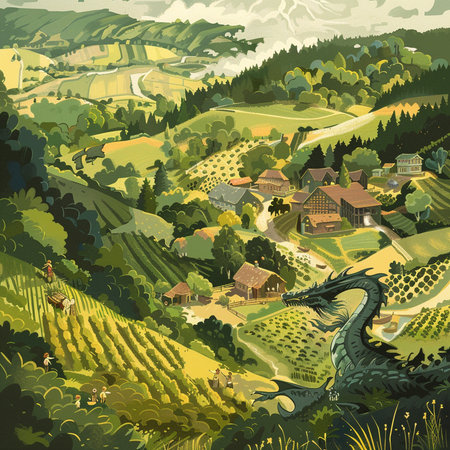 Rural landscape with a dragon in the foreground. Vector illustration.の素材