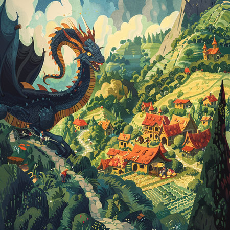 Fantasy landscape with dragon in the jungle. Vector illustration of a dragon in the jungle.の素材
