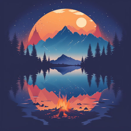 Mountains, lake, forest and sunrise. Vector illustration in retro style.の素材