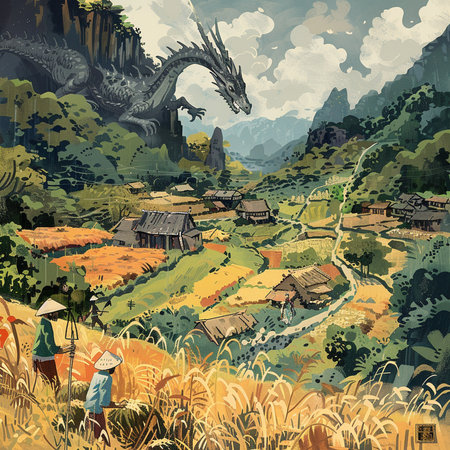 Landscape of rice terraces in Vietnam with dragon and farmer.の素材