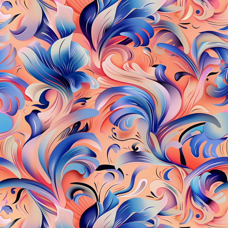 Seamless pattern with abstract swirls in blue and orange colorsの素材