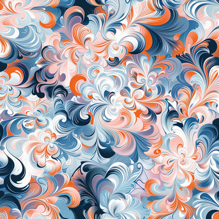 Seamless pattern with abstract swirls in blue and orange colorsの素材