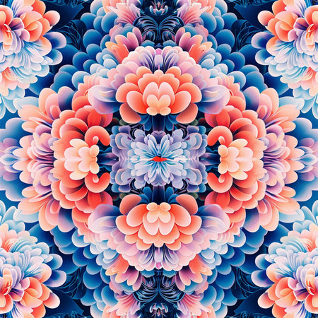 Seamless pattern with abstract flowers in blue and pink colors. Fantasy fractal design. Psychedelic digital art. 3D rendering.の素材