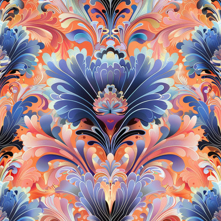 Seamless pattern with abstract floral ornament in blue and orange colorsの素材