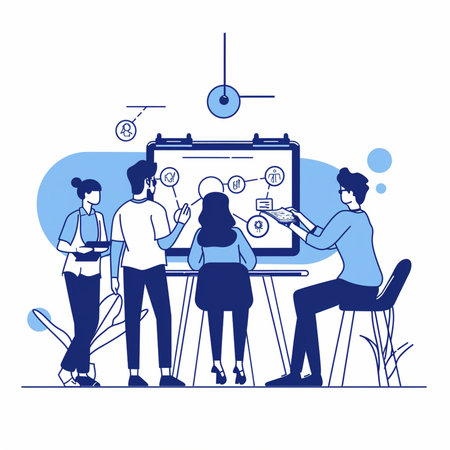 Vector illustration of a group of young people, man and woman, standing next to a whiteboard with a picture of a sun and a woman holding a phoneの素材