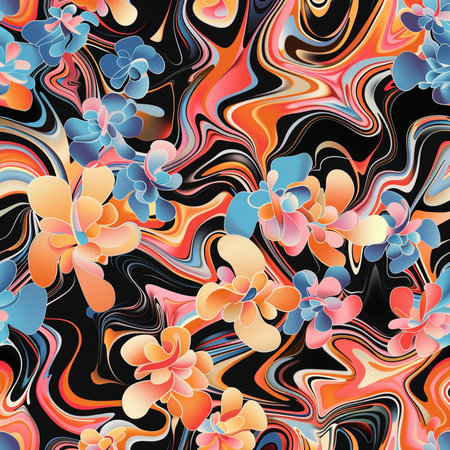 Seamless pattern with abstract flowers on black background. Vector illustration.の素材