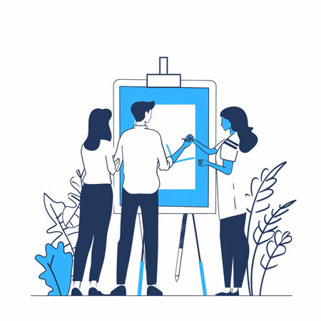 Vector illustration of a group of young people shaking hands on the background of an easel.の素材