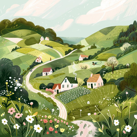 Beautiful rural landscape with village and meadows. Vector illustration.の素材