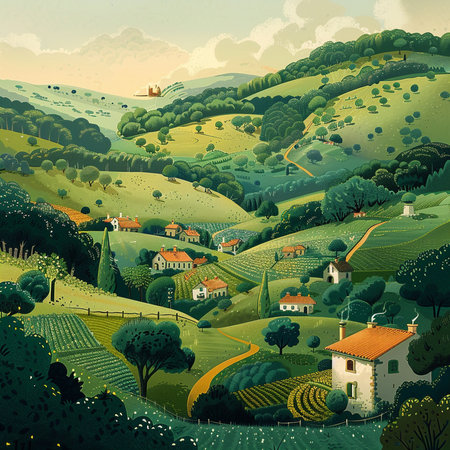 Landscape with green hills, fields and village. Vector illustration.の素材