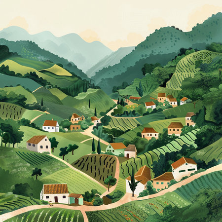 Rural landscape with a village in the mountains. Vector illustration.の素材
