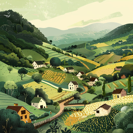 Vintage rural landscape with village and vineyards. Vector illustration.の素材