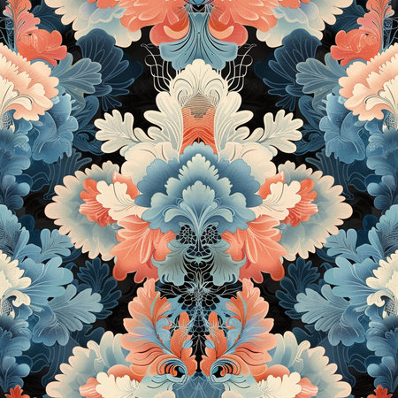 Seamless pattern with abstract floral ornament in blue and orange colors.の素材