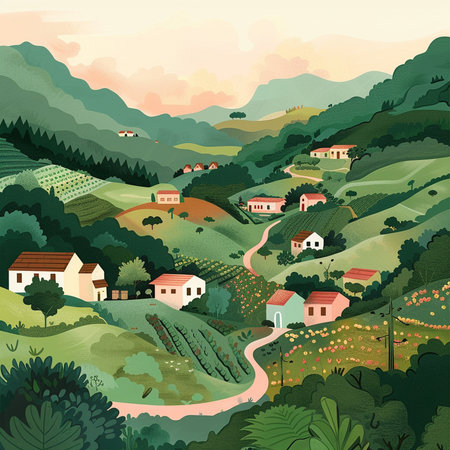 Vector illustration of a village in the mountains. Rural landscape in the summer.の素材