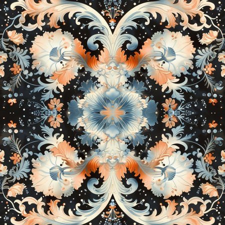 abstract floral ornament with blue and orange flowers on a black backgroundの素材