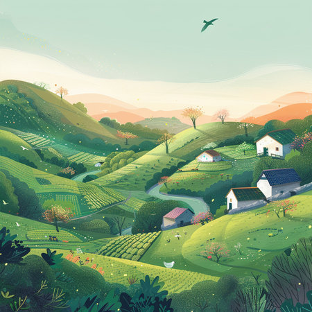 Landscape with green hills and houses in the countryside, vector illustrationの素材