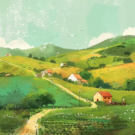 Vector illustration of rural landscape with green fields, hills and houses.の素材