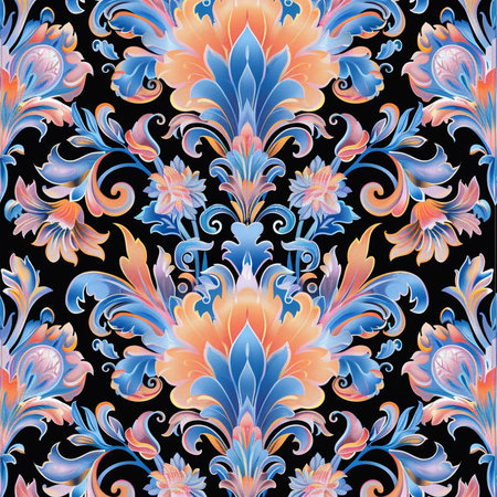 Seamless pattern with blue and orange damask ornament. Vector background.の素材