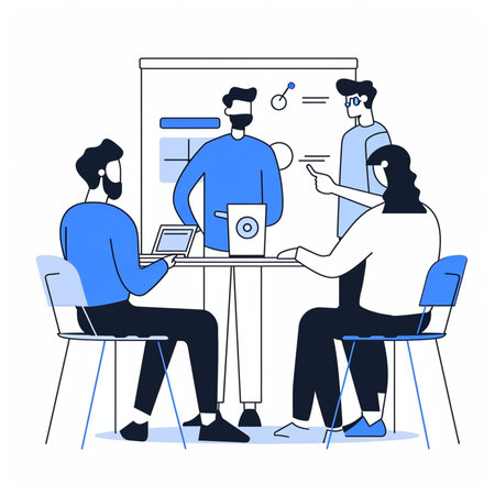Vector illustration of group of people sitting at the table and working on project. Teamwork concept. Flat style design.の素材