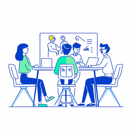 Business meeting in office. Colored thin line vector illustration on white background.の素材